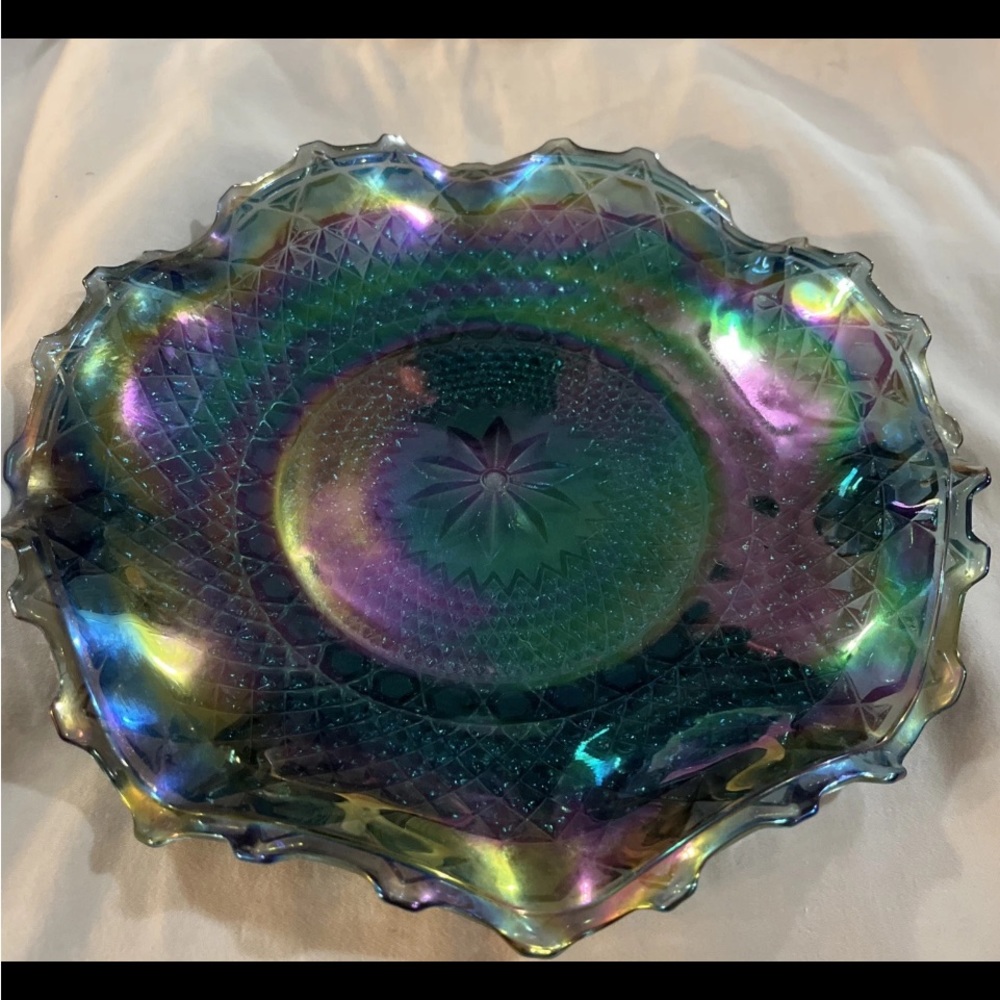 Green and Purple Iridescent Glass Art Bowl